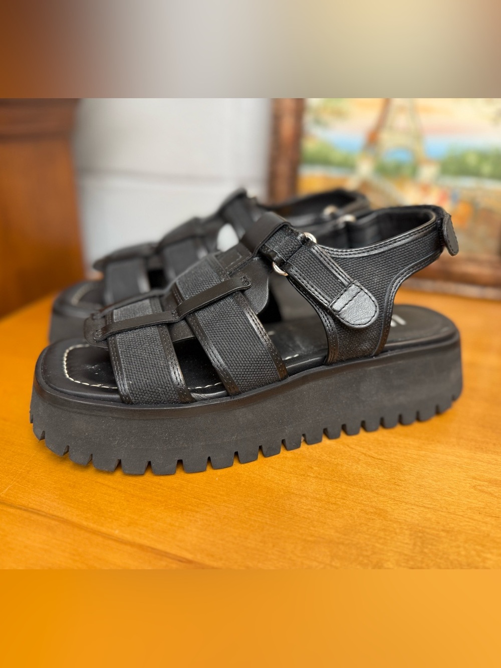 Labucq Fisherman Style Boomer Black Leather & Canvas Platform Sandals Size 38